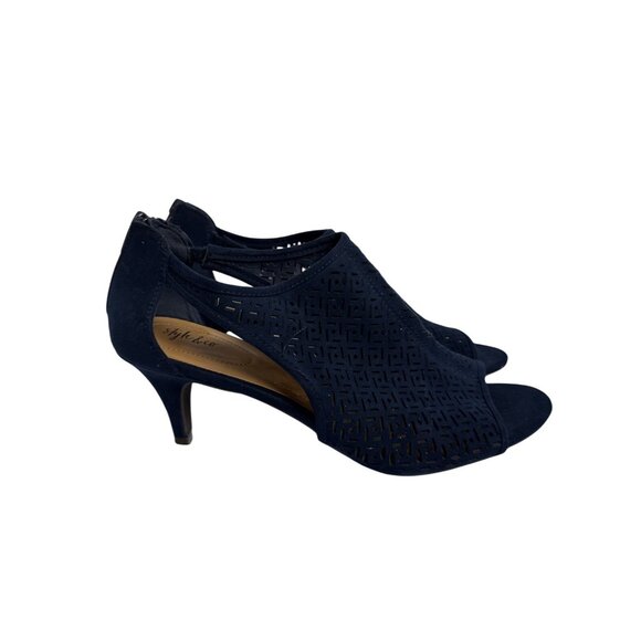 Style And Co. Womens Navy Blue Peep Toe Laser-Cut Heels Back Zipper Closure size - Picture 3 of 8